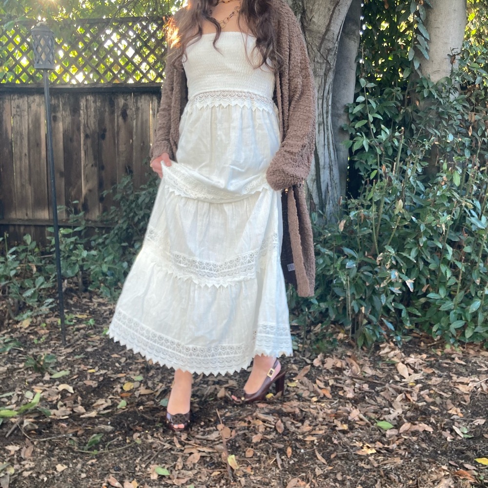 Beautiful White laced Tierd Cottage Maxi Dress